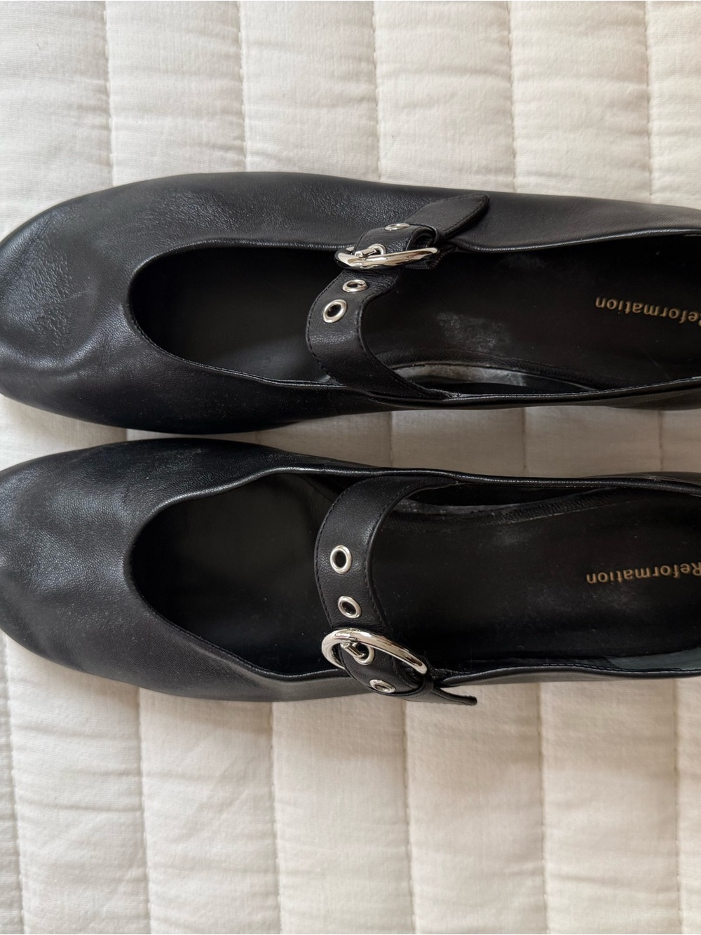 Reformation Black Ballet Flats with Silver Buckle